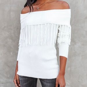 Vici Collection Off the Shoulder Fringe Sweater